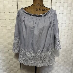 Crown & Ivy Off Shoulder Top Eyelet Navy Striped Blouse Casual Nautical Size‎ XL